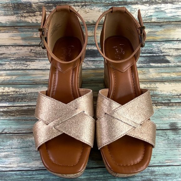 Crown Vintage Chalina Platform Sandal Womens Size 7.5M Gold Leather Wedge Heels - Picture 4 of 12